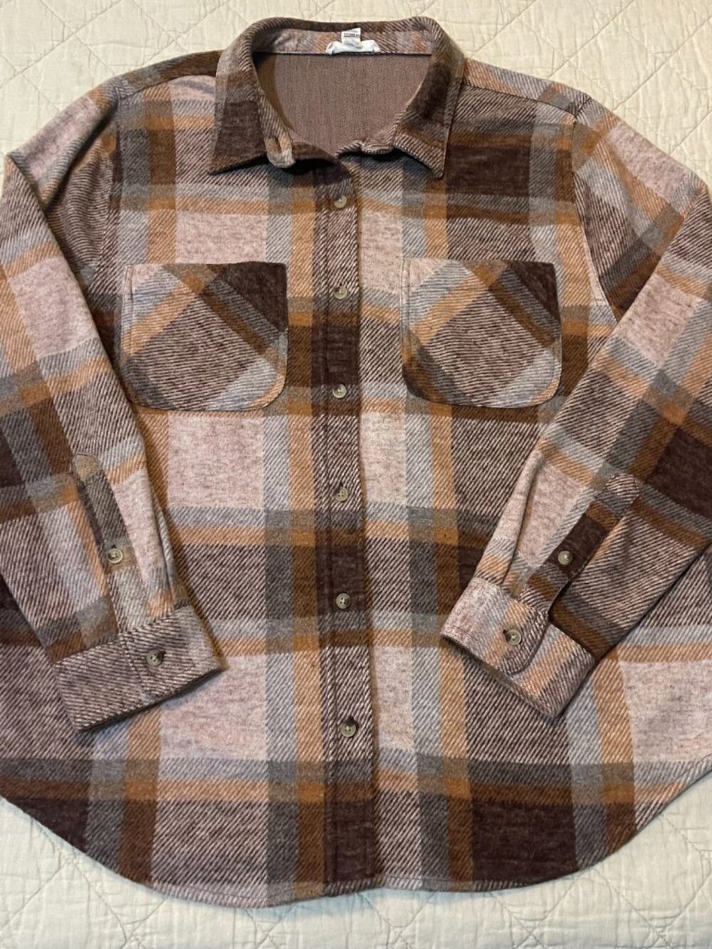beachlunchlounge LG Flannel Cozy Burg/Pnk/Org Plaid L/S Dbl Pocket B-Down Shirt - Picture 6 of 16